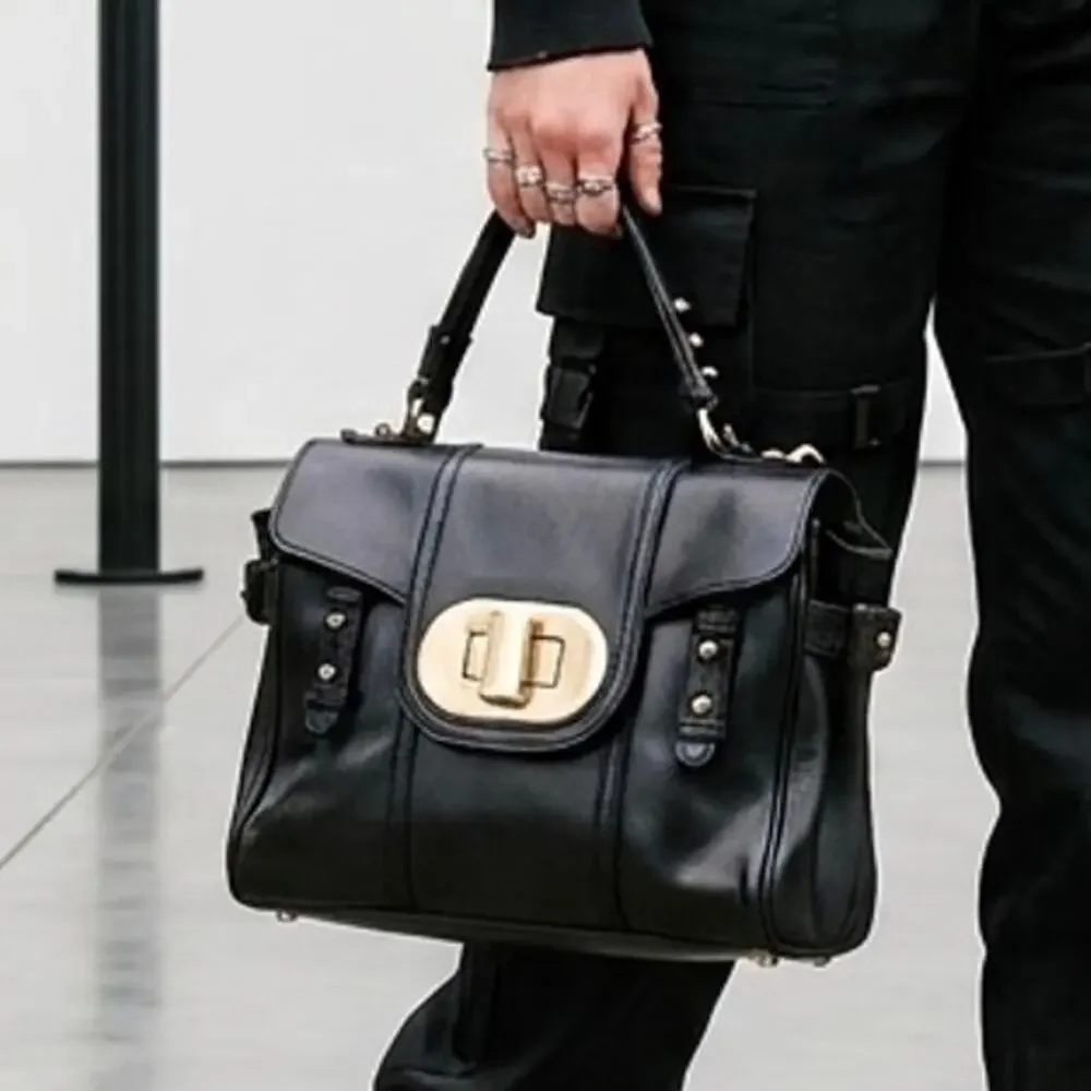 Badgley Mischka Keyra Satchel Black Leather Gold Turnlock Classic Handbag